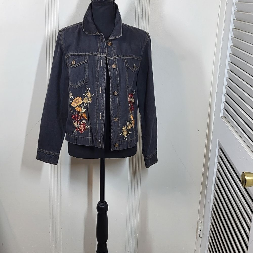 Coldwater Creek Denim Embroidered Flowered Jean Jacket